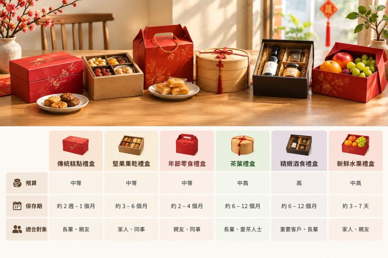 六種禮盒類型比較表：預算、保存期、適合對象一次對照｜過年伴手禮 說明圖