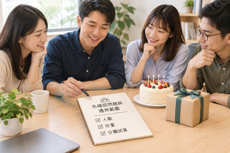 先確認問題與適用範圍|同事生日合送禮物:人數、份量與分攤試算 說明圖