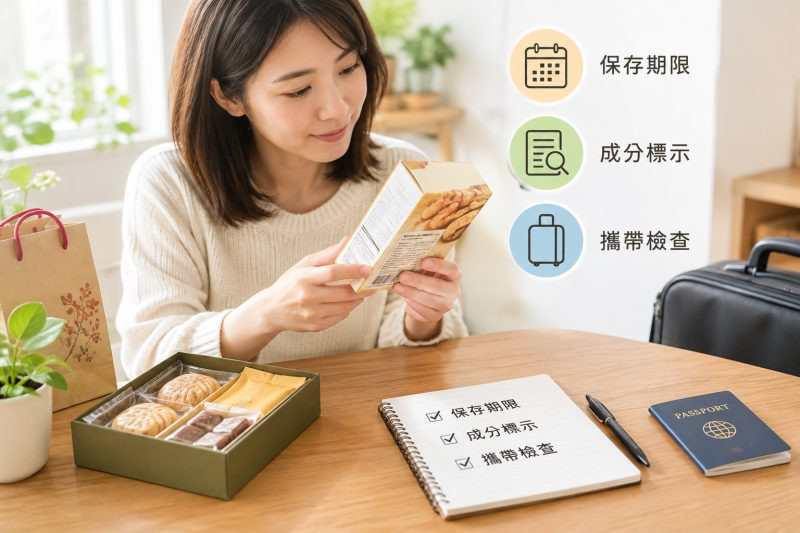 逐步判斷與操作方式｜送外國朋友伴手禮：保存期限、成分標示與攜帶檢查 說明圖