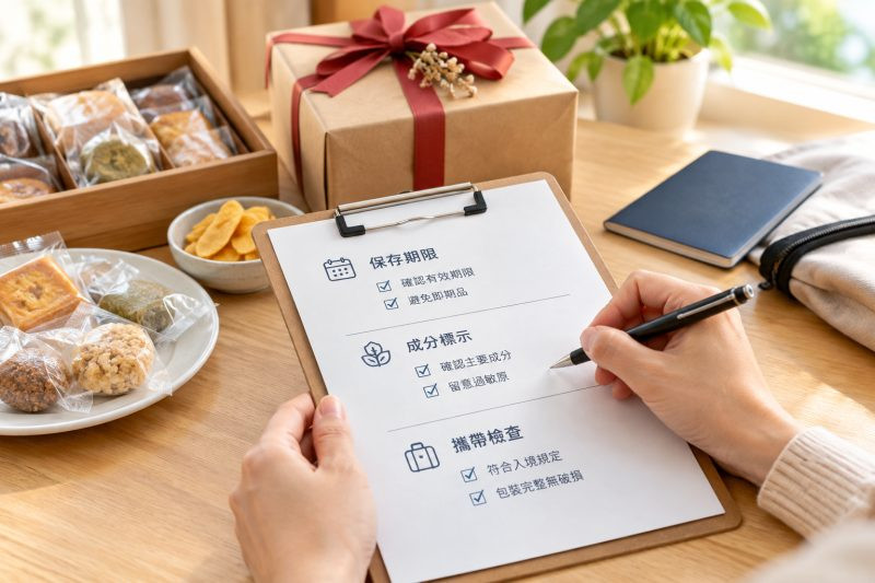 可填寫的核對表與驗收方式｜送外國朋友伴手禮：保存期限、成分標示與攜帶檢查 說明圖